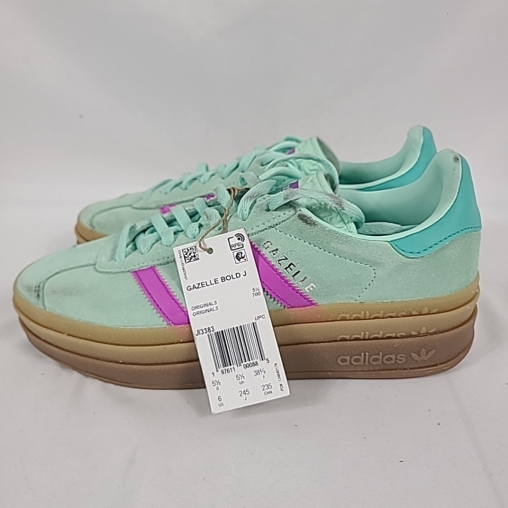 NEW Adidas Originals Gazelle Bold Sneakers Youth Green Pink Sz 6 *dirty - Picture 4 of 10